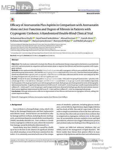 Eficacia de la atorvastatina + aspirina en comparación con la atorvastatina sola en la función hepática y el grado de fibrosis en pacientes con cirrosis criptogénica - un ensayo clínico aleatorizado doble ciego