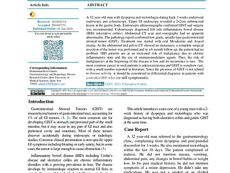 Coexistencia de tumor del estroma gastrointestinal gástrico y colitis ulcerosa en paciente con dispepsia y rectorragia - reporte de un caso