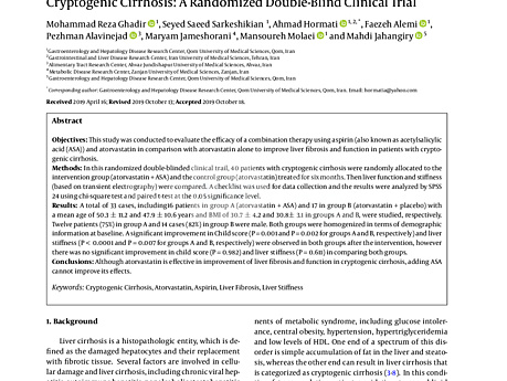 Eficacia de la atorvastatina + aspirina en comparación con la atorvastatina sola en la función hepática y el grado de fibrosis en pacientes con cirrosis criptogénica - un ensayo clínico aleatorizado doble ciego